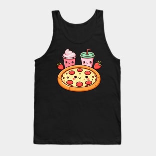Kawaii Pizza Party with Pepperoni Pizza, Strawberry Ice Cream, and Drink | Kawaii Food Art Tank Top